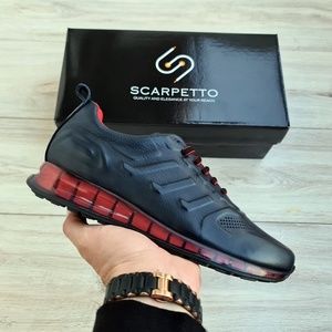 Dark Blue Leather Sneakers for Men with Red Details